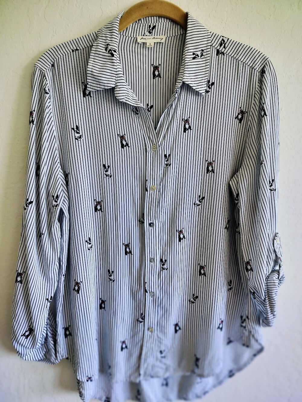 Jane & Delancey French Bulldog Print Rayon Button-Down Blouse - Size Small